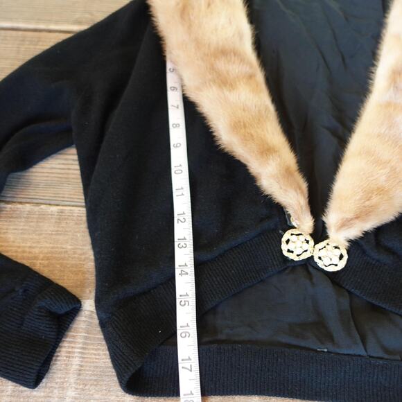 Vintage 1950s Cardigan Black Cashmere Mink Fur Collar Jeweled Retro Glam Sweater - Picture 8 of 10